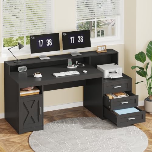 65" Farmhouse Computer Desk with Drawers and Printer Stand for Home Office, view 4