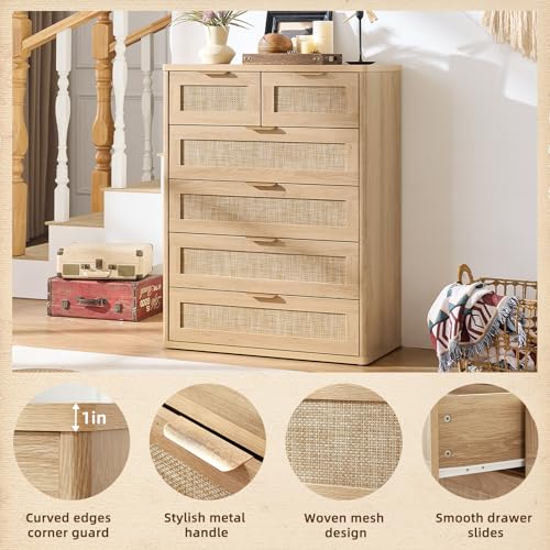 Rattan Dresser for Bedroom, 41" Tall Chest of Drawers, Modern 6 Drawers Boho Dressers with Storage, Light Oak Dresser Wooden Closet Organizer for Living Room, Hallway, Natural Wood