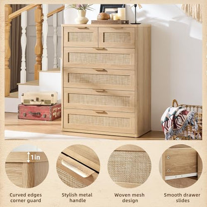 Rattan Dresser for Bedroom, 41" Tall Chest of Drawers, Modern 6 Drawers Boho Dressers with Storage, Light Oak Dresser Wooden Closet Organizer for Living Room, Hallway, Natural Wood