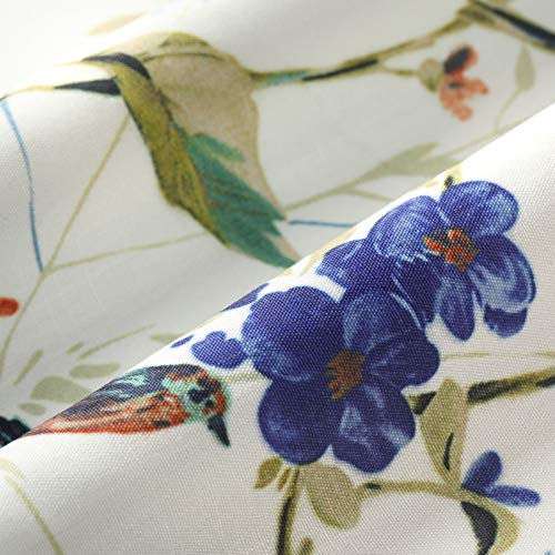 Blue Valance Curtains for Living Room, Linen Textured Bird and Flower Print Window Treatment Rod Pocket Window Valances for Bathroom, 52 x 14, One Piece
