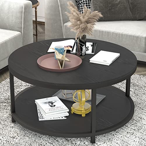 Round Coffee Table, 36" Rustic Wooden Surface Top & Sturdy Metal Legs Industrial Sofa Table for Living Room Modern Design Home Furniture with Storage Open Shelf (Black Oak)