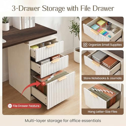 61" L Shaped Desk with Arched Hutch, White Corner Computer Desk with Power Outlets, 3 Drawers, File Cabinet and Sliding Door Storage for Home Office