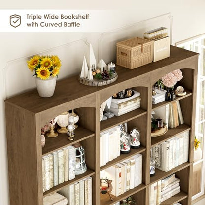 71" Triple Wide Bookshelf, 6 Tier Tall Bookshelf, Large Arched Bookcase with Curved Baffle, 63.4" Wide Book Shelf with 18 Open Display Shelves for Living Room, Study, Phoebe Zhennan