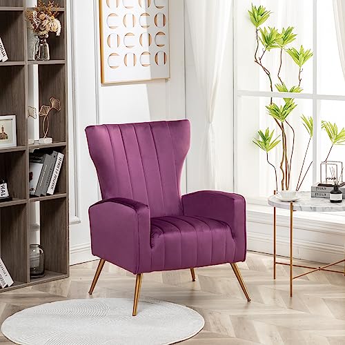 Modern Velvet Accent Chair, Channel Tufted Bedroom, Office or Living Room Furniture with Elegant Metal Legs, 26" Wide Armchair, Purple