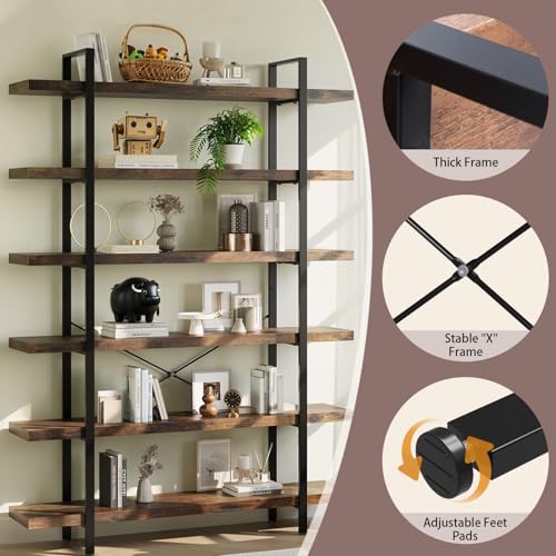 6 Tier Book Shelf, 47'' Wide Wood Industrial Bookshelf, 120lbs Shelf Capacity, Open Storage Shelves, 80'' Tall Heavy Duty Display Shelving, Rustic Brown Bookcase for Bedroom,Living Room,Office