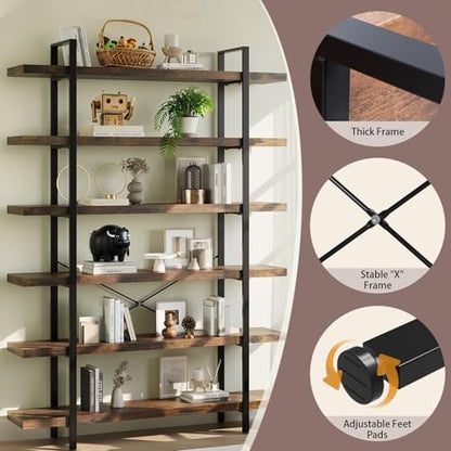 6 Tier Book Shelf, 47'' Wide Wood Industrial Bookshelf, 120lbs Shelf Capacity, Open Storage Shelves, 80'' Tall Heavy Duty Display Shelving, Rustic Brown Bookcase for Bedroom,Living Room,Office