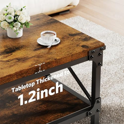 Rectangle Coffee Tables for Living Room, Wood Rectangular Coffee Table, 2 Tier Industrial Modern Center Table with Thickened Tabletop and Metal Frame, 40 inch Long (Rustic Brown)