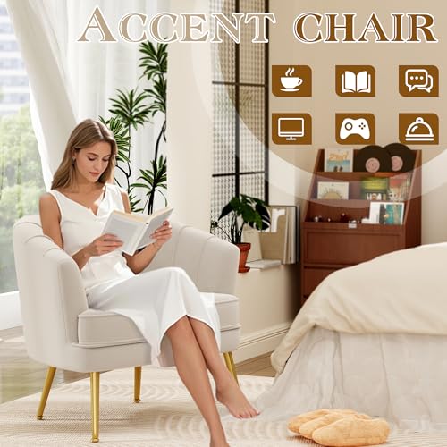 Velvet Accent Chair, Upholstered Modern Single Sofa Side Chair,Comfy Barrel Club Living Room Armchair with Golden Metal Legs for Bedroom Living Reading Room Office, Beige