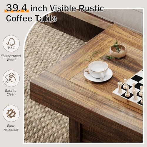 39 in Rustic Coffee Table for Living Room with X-Design, Rectangle | Farmhouse Center Table Wooden Pedestal, Space Saving, Home Office Tea Accent Table Dining Room Apartment, Walnut