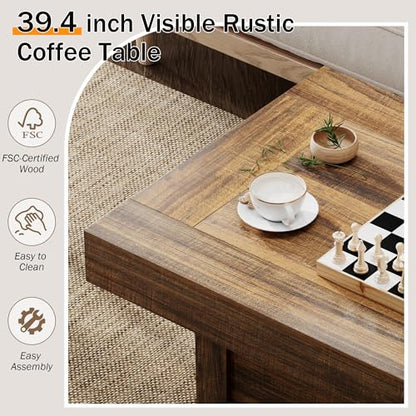 39 in Rustic Coffee Table for Living Room with X-Design, Rectangle | Farmhouse Center Table Wooden Pedestal, Space Saving, Home Office Tea Accent Table Dining Room Apartment, Walnut