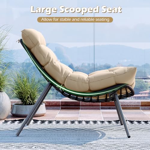 3 Pieces Patio Furniture Set, Outdoor Rattan Wicker Bistro Conversation Set with Cushioned Papasan Chairs and Tempered Glass Coffee Table for Porch, Balcony, Deck and Garden