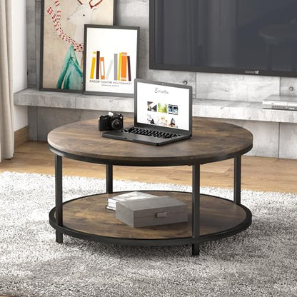 36 inches Round Coffee Table, Rustic Wooden Surface Top & Sturdy Metal Legs Industrial Sofa Table for Living Room Modern Design Home Furniture with Storage Open Shelf (Brown)