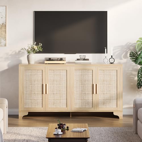 Natural Rattan Storage Cabinet with Shelves, 4-Door Sideboard Buffet Cabinet, view 8