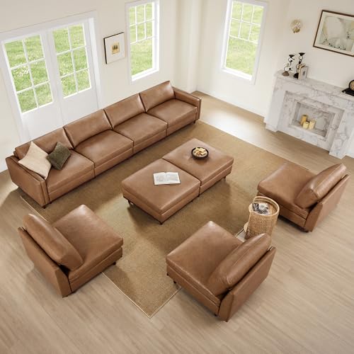 CHITA 83” Super Large Luxury Sectional Modular Sofa, Down Filled, Loveseat, Faux Leather in Camel