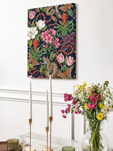 NuYeBiofx Tropical Snakes White Pink Flower Canvas Wall Art Prints,40"x28" Framed Picture Artwork Vintage Green Leaves Printed Canvas Oil Painting for Living Room Bedroom Office,Ready to Hang