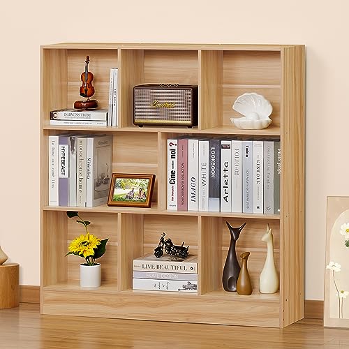 8 Cube Bookshelf with Base,3 Tier Mid-Century Modern Natural Bookcase,Standing Wide Bookshelves Storage Organizer Shelf,Rustic Wood Display Cabinet Book Shelves for Bedroom,Living Room,Office