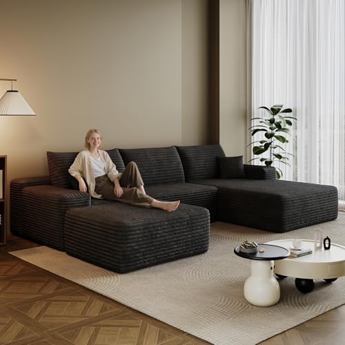 107.7" Boneless Sectional Couch Modern Modular U - Shape Corduroy Upholstered Sofa for Living Room - Deep Seat with Chaise and Ottoman(Black, 2 Seater+Right Facing Chaise+Ottoman)