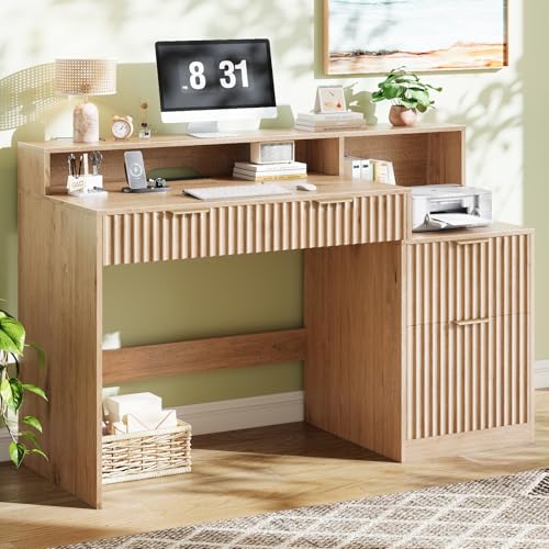Fluted Computer Desk with Power Outlets, Home Office Desk with Drawers, view 2