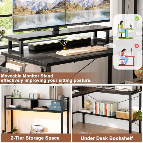 L Shaped Gaming Desk with Power Outlets & LED Lights, Black, view 7