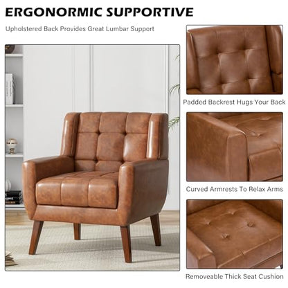 Faux Leather Accent Chair, Modern Upholstered Club Arm Chair for Living Room, Comfy Armchair Single Sofa Seat with Solid Wooden Legs (Coffee)