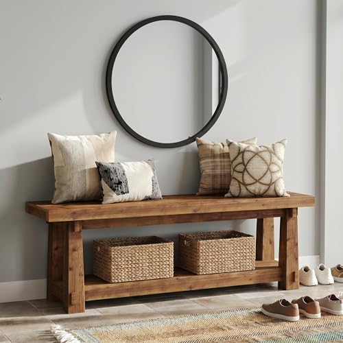 55" Solid Wood Entryway Bench with Shoe Storage, Rustic Wood Grain Shoe Rack Window Bench Seat for Foyer, Hallway, Mudroom, Bedroom, Easy Assembly (Rustic Wood)