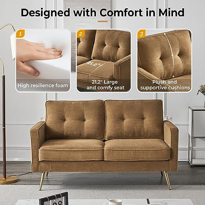56" Modern Khaki Loveseat,Small Corduroy Sofa Couch Deep Seat for Living Room,2-Seater Loveseat Sofa for Bedroom,Apartment,Office,Dorm,Small Space