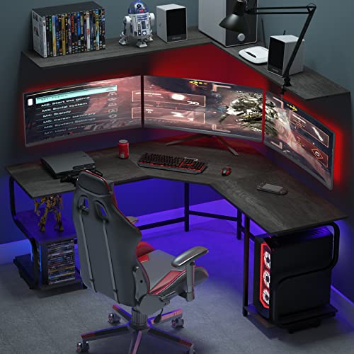 Modern L Shaped Desk with Shelves,64.84" Gaming Computer Desk for Home Office,Corner Desk with Desktop (Black Oak+Black Frame, Large+4 Tier Shelves)
