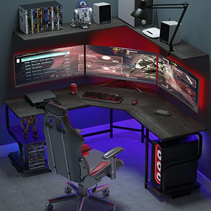 Modern L Shaped Desk with Shelves,64.84" Gaming Computer Desk for Home Office,Corner Desk with Desktop (Black Oak+Black Frame, Large+4 Tier Shelves)
