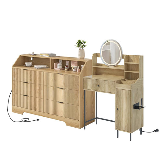 Women Bedroom Furniture Set of 2 Fluted Dresser and Makeup Vanity Desk with Charging Station Wood Dressing Table with 3 Lighting Modes and Accent Fluted Drawer Dresser for Women's Bedroom