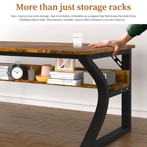 47 inch Computer Desk, Home Office Desk with Storage Shelf, Sturdy U-Shaped Metal Frame Study Table with Cable Management, Gaming Desk for Office & Bedroom, Rustic Brown