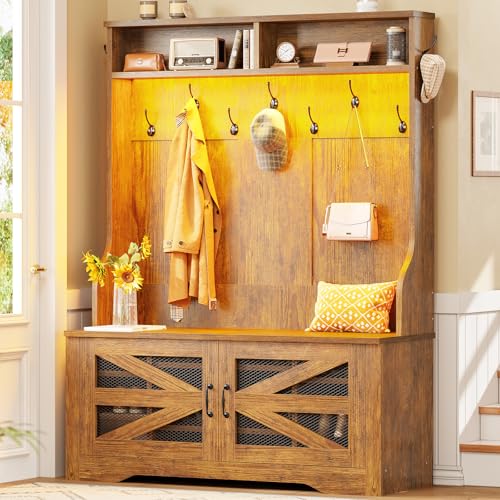 Hall Tree with Bench and Shoe Storage, 5-in-1 Entryway Bench with Coat Rack, view 2