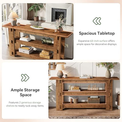 63-Inch Solid Wood Console Table, Farmhouse Sofa Table Behind Couch with Storage Shelves, Entryway Furniture for Living Room, Hallway, Foyer, Rustic Brown