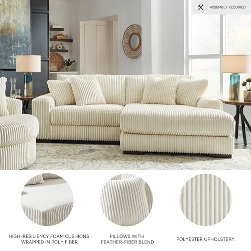 Signature Design by Ashley Lindyn Sectional Couch with Chaise, Cloud-Like Plush Seating, Velvet Upholstery with Cord Texture, Contemporary Living Room Furniture, Ivory, 99"W x 70"D