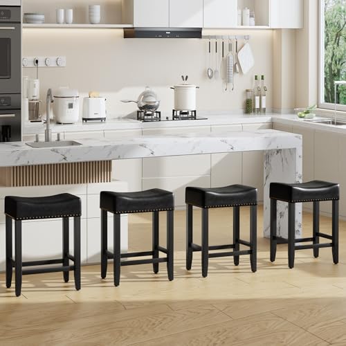 Bar Stools Set of 6,25.7 inch Counter Height Bar Stools,Upholstered Kitchen Barstools with Solid Wooden Legs, Saddle Stools for Kitchen Island, Bar, Cafe, Black
