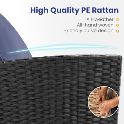 4 Piece Outdoor Wicker Patio Furniture Set, Black/Blue | Sectional Sofa | All-Weather Hand-Woven Rattan | Tempered Glass Coffee Table | Durable Fabric | Indoor & Outdoor Use