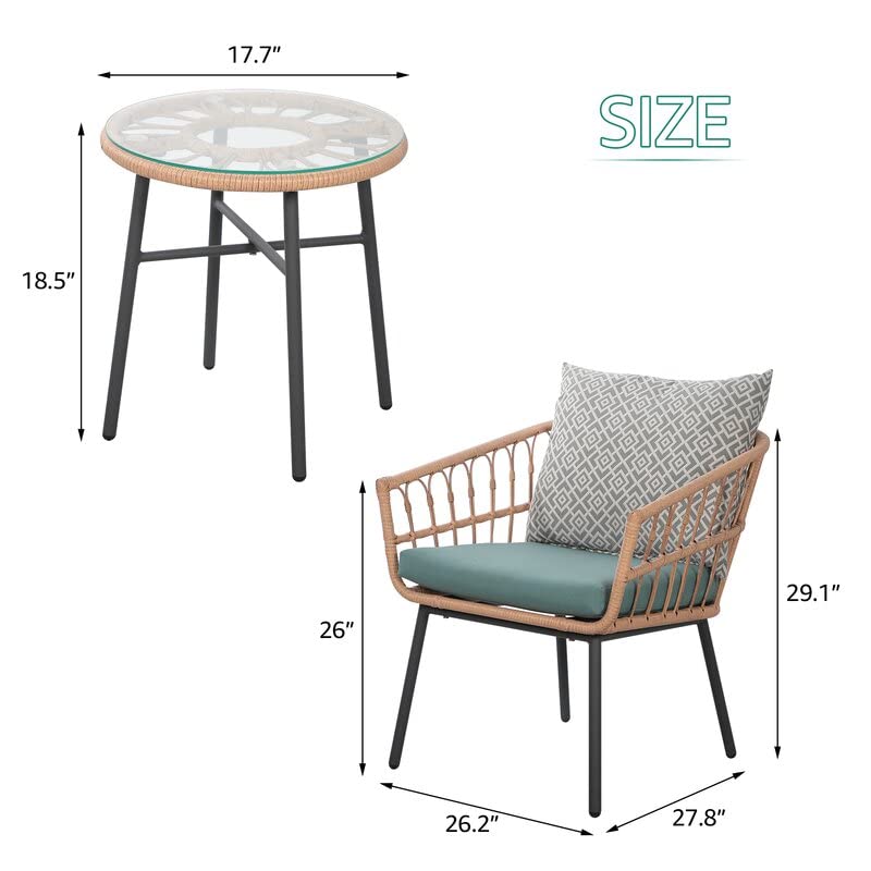 3 Piece Patio Furniture Outdoor Conversation Bistro Set with Tempered Coffee Table and Wicker Chairs for Garden Balcony Backyard Yard Poolside, Green (QX-MA-WF-001)