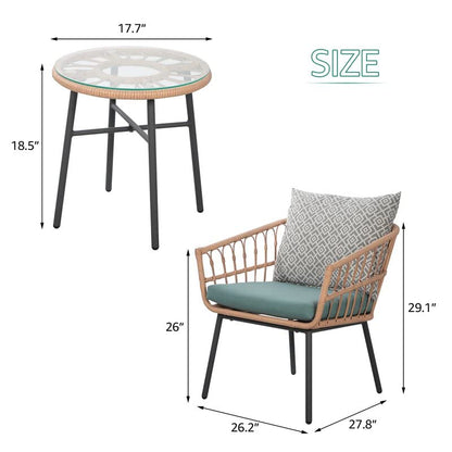 3 Piece Patio Furniture Outdoor Conversation Bistro Set with Tempered Coffee Table and Wicker Chairs for Garden Balcony Backyard Yard Poolside, Green (QX-MA-WF-001)
