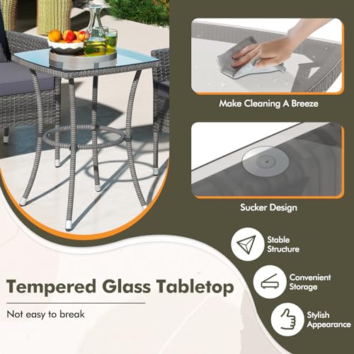 3-Piece Patio Furniture Set, PE Wicker Conversation Bistro Set w/A Tempered Glass Table & 2 Cushioned Chairs, Outdoor Table & Chairs Set for Patio Porch Yard Garden (Mix Gray+Grey)