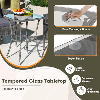 3-Piece Patio Furniture Set, PE Wicker Conversation Bistro Set w/A Tempered Glass Table & 2 Cushioned Chairs, Outdoor Table & Chairs Set for Patio Porch Yard Garden (Mix Gray+Grey)