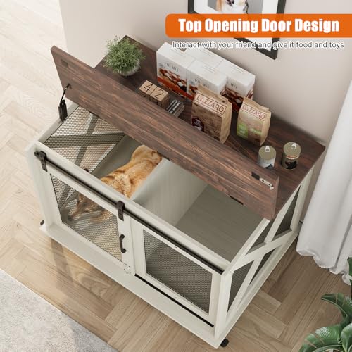 Modern Farmhouse Wooden Dog Crate Furniture with Sliding Barn Door, Turn Top, view 3