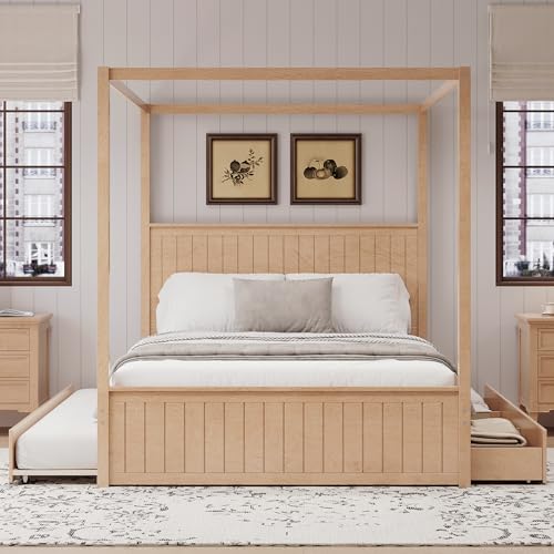 Queen Size Wood Canopy Bed Frame with Trundle & Drawer for Bedroom, Natural, view 4