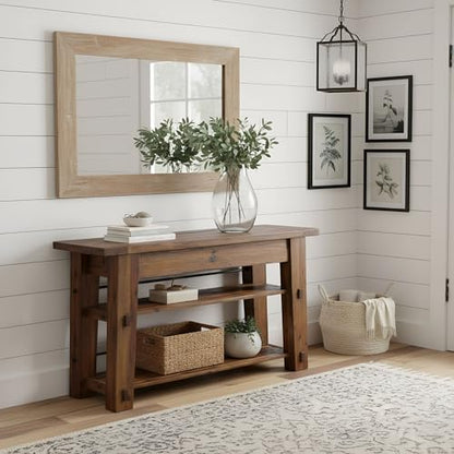 Durango 54-Inch Farmhouse-Industrial Style Wood Console Table with Two Open Shelves, Solid Wood Top, and Natural Grain and Knots – Fits TVs up to 60 Inches in Living Rooms by
