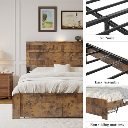 Farmhouse Wooden Platform Bed with 2 Storage Drawers and Dual USB Ports for Bedroom, Space-Saving Queen Size Bed Frame with Storage Headboard and Metal Slats Support, No Box Spring Needed
