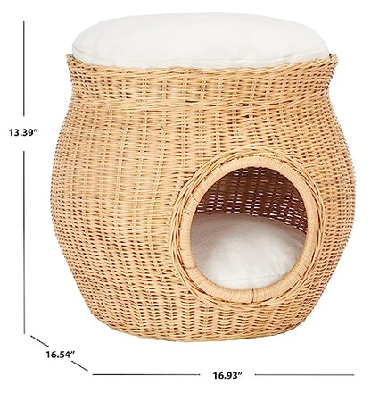 SAFAVIEH Home Collection Suli Honey Rattan/White Cushion Dome Cat Bed