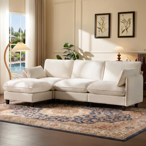 105" Modular Sectional Sofa, L-Shaped Cloud Couch with Oversized Large Cushions & Movable Ottoman, Chenille Deep Seat Couch for Living Room, Beige