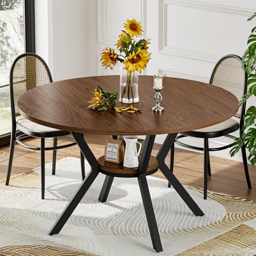 42" Round Dining Table for 4, Farmhouse Kitchen Table with Storage, Space Saving Circle Dinner Table, Rustic Wood Kitchen & Dining Room Tables with Metal Legs for Kitchen, Living Room, Dining Room