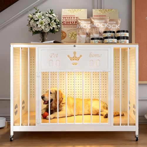 39" Iron Pegboard Dog Crate Furniture with Wooden Top & Remote LED Light, view 2