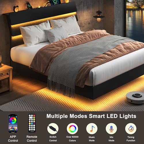 Floating Bed Frame Queen Size with Led Lights and Charging Station, view 4