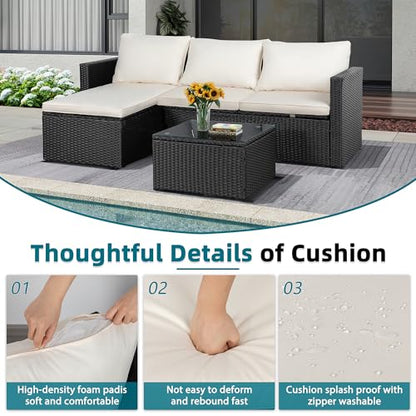 3 Piece Patio Furniture Set, Outdoor PE Rattan Sectional Sofa Set with Ottoman, Detachable Cushions and Glass Coffee Table, Patio Conversation Set for Backyard Balcony Porch, Black/White