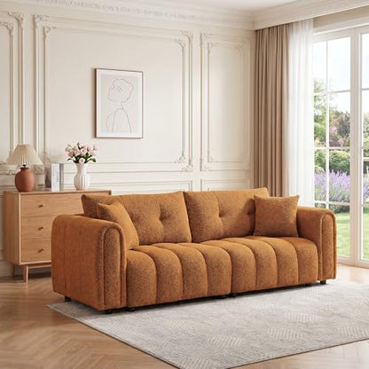 91.5"W Modern Boucle Sofa for Living Room, Oversized Loveseat Couch, Orange | Comfy Channel-Tufted Couch with Rolled Arms and 2 Soft Pillows, 3-Seater Cloud Couch for Apartment, Studio, Bedroom, Office